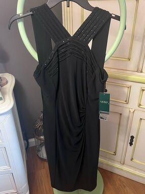 LAUREN Ralph Lauren Black Sleeveless Cocktail Dress w/ Embellished Straps NWT